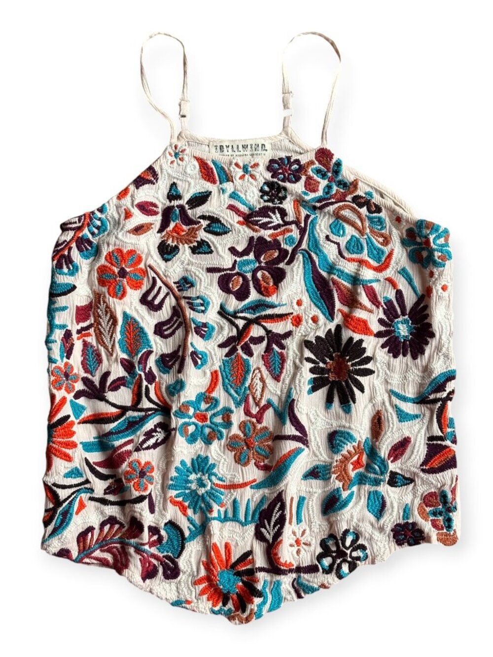 IDYLLWIND Embroidered Boho Tank Top Cream Floral Western Festival Medium